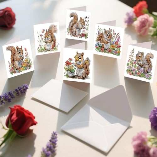 AiYuanzsh 6 Pack Diamond Painting Greeting Cards with Envelopes, DIY 5D Diamond Art Card Kit Featuring Cute Squirrels, 30x15cm Handmade Rhinestone Cards Crafts for Greetings and Seasonal Wishes