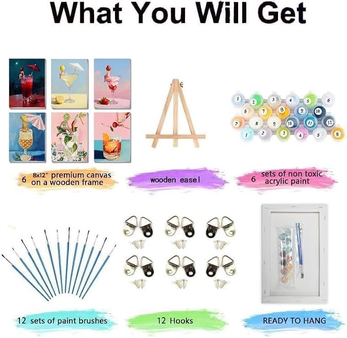 6 Pack Cocktail Framed Paint by Numbers Kits for Adults Beginners, Cocktail Adults Paint by Number Kits on Canvas with Wooden Easel, DIY Acrylic Oil Painting Kits for Home Wall Decor (8x12 inch)