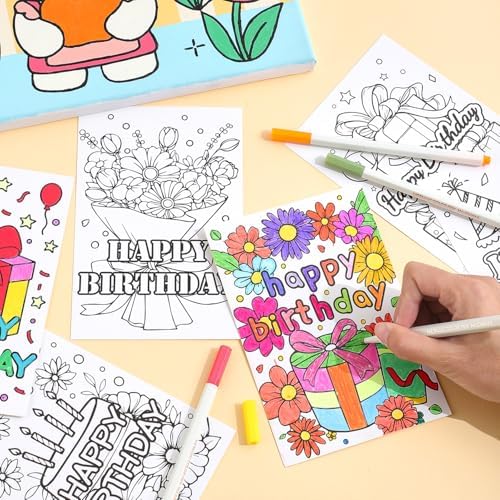 Birthday Coloring Cards, 24 Unique Blank Greeting Card Set with Cakes, Flowers & Gifts, DIY Art Craft for Kids, Adults, Holiday Gift Ideas for Mom, Friends, Thank You & Greeting Card Collection