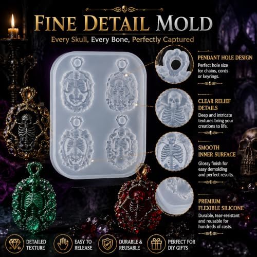 4-Cavity Ornate Skeleton Cameo Pendant Resin Silicone Mold with Hanging Hole, Gothic Skull Epoxy Resin Casting Mould, DIY Necklace Charm Mold for Halloween Christmas Handmade Jewelry Craft (KL04)