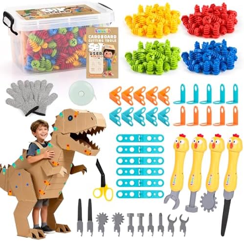 196 PCS Cardboard Cutter for Kids, Reusable Safe Cardboard Tools for Kids with Box, Gloves, Screws, Connectors, Screwdrivers, Saws, Educational Toys for 5 6 7 8 Year Old, Birthday Gift for Boys Girls