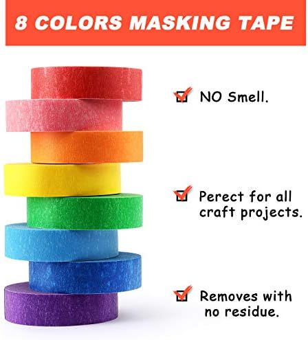 8 Rolls Colored Masking Tape Rainbow Painters Tape, 0.6 Inch x 16 Yard