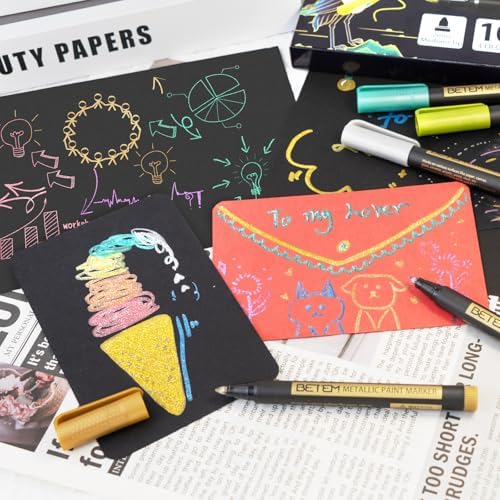 Betem Metallic Paint Markers, 18 Colors Acrylic Metallic Markers for Black Paper, 2mm Medium Tip Glitter Pens Scrapbooking Supplies, Teacher Appreciation Gift, Rock, Photo Albums, Card Making Kit