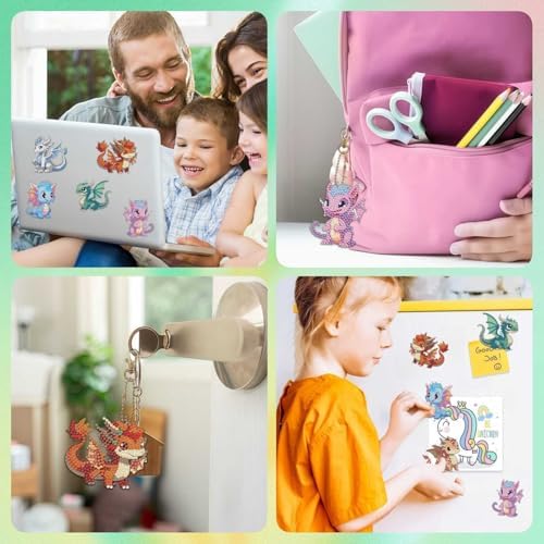Bulerrylulu 9 Pcs Dragon Diamond Painting Magnets Kits Fridge Magnet Stickers Diamond Art Painting Keychains Gem Painting kit for Beginners Adults DIY Art Craft Gifts Home Decors
