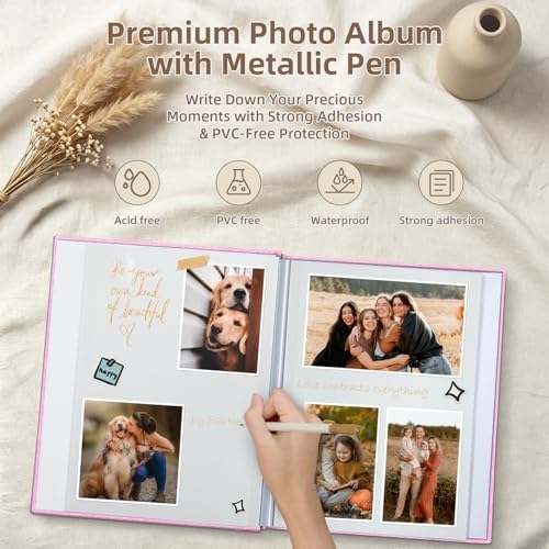 Popotop Photo Album Self Adhesive with Picture Display Window,40 Pages DIY Scrapbooking Supplies Kit for 4x6 8x10 Picture,Linen Cover Memory Book for Baby Wedding, with Scraper and Metallic Pen