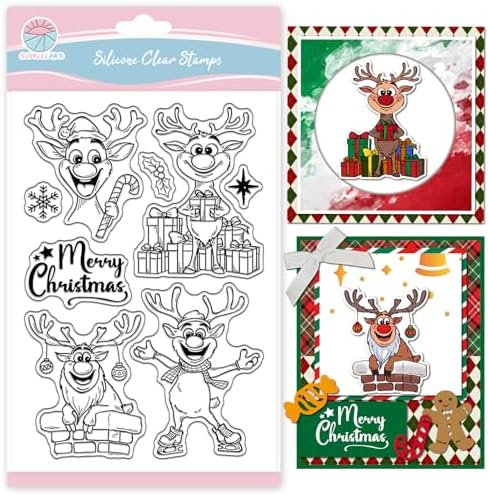 GLOBLELAND Christmas Cartoon Reindeer Clear Stamps for Card Making Funny Reindeer Silicone Clear Stamps Merry Christmas Transparent Stamp Seal for DIY Scrapbooking