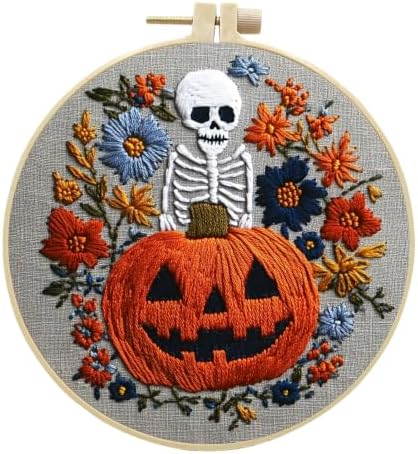 4 Sets Embroidery Kit for Adults, Skull Pumpkin Embroidery Practice Kit