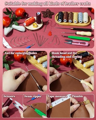 PLANTIONAL 8 Colors Waxed Thread Leather Sewing Kit, 47 Pcs Upholstery Repair Kit with Waxed Thread, Sewing Awl, Hand Stitching Needles, Leatherworking Tools for Car Seats, Sofa, Shoes, DIY Craft