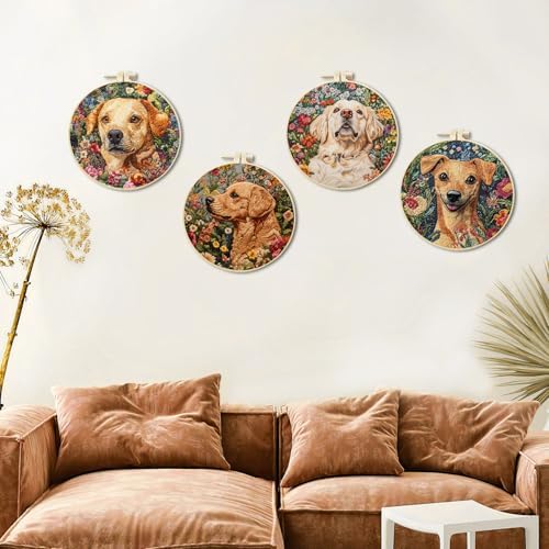 LB 4 Pack Cute Dog Flower Embroidery Kit for Beginners Funny Animal Beginner Embroidery Kit for Adults DIY Starter Kit with Embroidery Hoop Colorful Threads Tools Step by Step Instructions