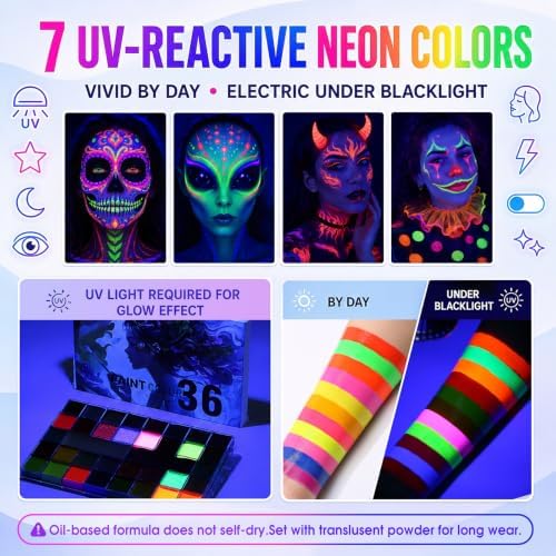 Face Body Paint Kit 36 Colors, 11 UV Neon Glow, 10 Brushes for Halloween