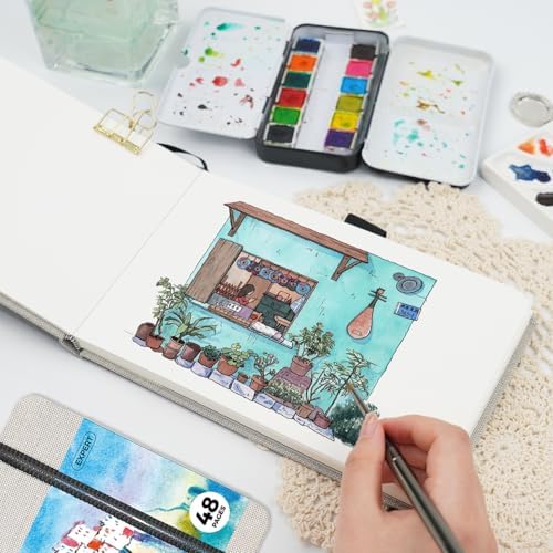 Funto Watercolor Journal, 8.5x5.5, 48 Pages, Cold-Pressed, Inner Paper Pocket and Elastic Band, Art Supplies for Mixed Media