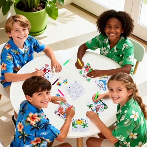 24Set Summer Arts & Crafts for Kids Adults Bulk, Hawaiian Summer Activity DIY Puzzle Kit with Beach Tropical Palm Tree, Luau Ocean Theme Painting for Classroom Party Favors Gift Coloring Game Supplies