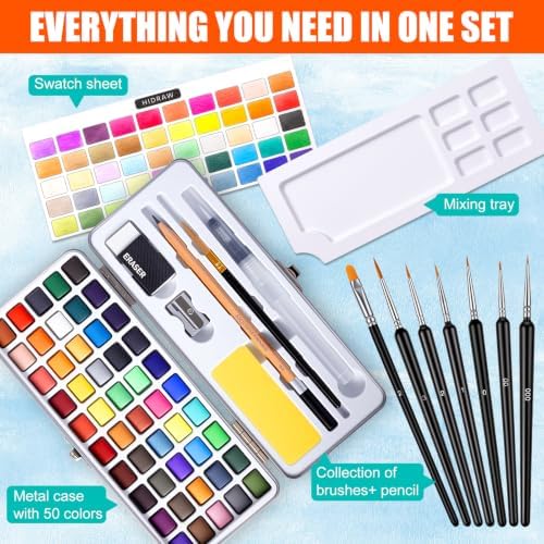50 Colors Watercolor Paint Set – All in One Painting Supplies with Mixing Palette & Water Brushes – Travel Water Color Set for Adults, Painting Sets, Art Supplies for Painting – Art and Painting Supplies - Gift Idea