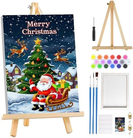 MOGTAA Christmas Paint by Numbers Kit for Adults Beginners with Frame, Santa Claus Adult Paint by Number Kits on Canvas with Easel, Easy DIY Winter Oil Painting Kits for Home Decor, 8x12in