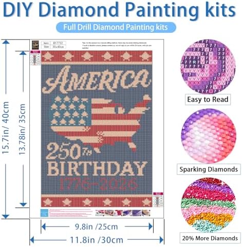 NWQZBYHT 5D Diamond Painting Kits for Adults,American 250 Th Birthday Diamond Art Kits for Adults,Round Full Drill Diamond Dots DIY American Flag Gem Painting Picture Crafts Home Wall Decor 12x16 Inch