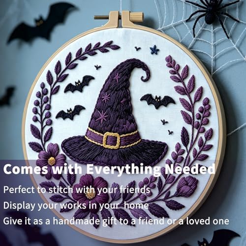 FONNUY Halloween Embroidery Kits for Beginners,Skull Pumpkin Spider Web Floral Stamped Cross Stitch Kit for Adults, Spooky Season Boho Wall Decor, 8'' Hoop (Witch Hat)