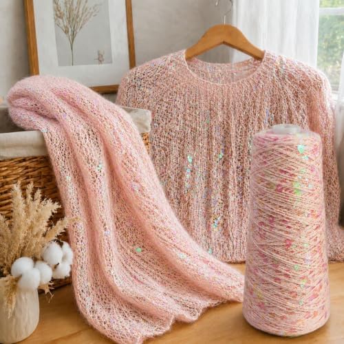 1100Yards Sequin Cotton Yarn for Crocheting Knitting, Sparkle Crochet Thread – 100% Cotton 5-Ply with 3mm 6mm Sequins,Paillettes Yarn for Scarves, Shawls, Sweater DIY Crafting