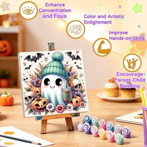 4 Pack Ghost Paint by Number for Kids with Wooden Frame - Wooden Easel