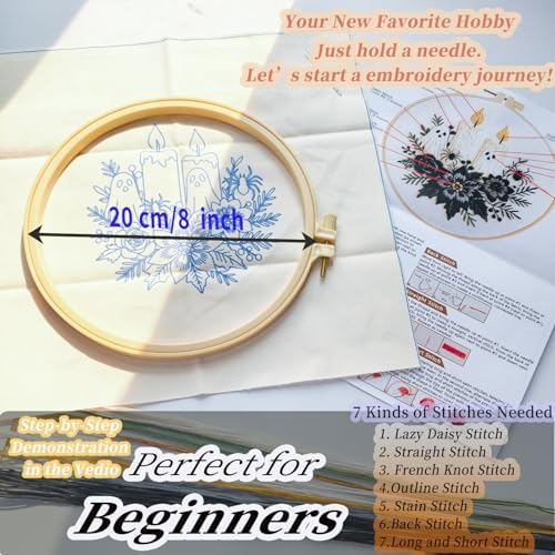 FONNUY Halloween Embroidery Kits for Beginners,Skull Pumpkin Spider Web Floral Stamped Cross Stitch Kit for Adults, Spooky Season Boho Wall Decor, 8'' Hoop (Candles)