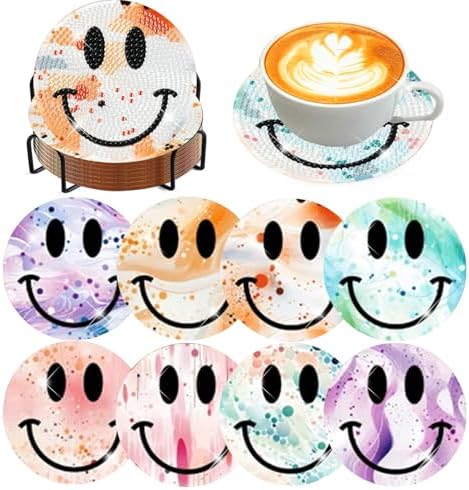 8 Pcs Smile Face Diamond Art Coasters Kit for Adults with Holder 4x4in