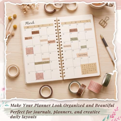 Chuangdi 9 Rolls Calendar Washi Tape Set,Pink, Green, Brown, Light Brown | Vintage Day Week Month Date Number Calendar Washi for Journaling, Planner Decoration, Journal Labels, Arts Crafts