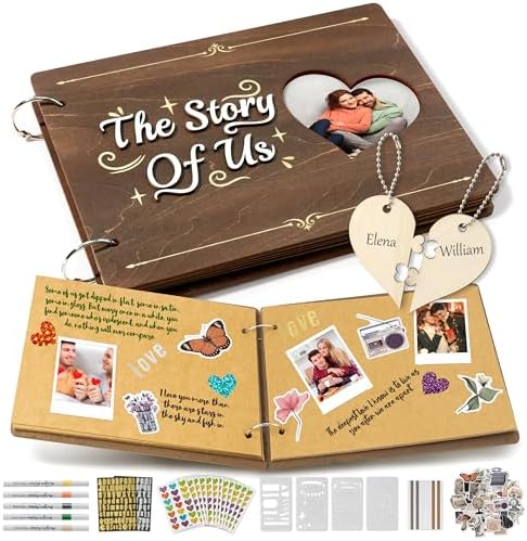 CY2SIDE Couples Photo Album Scrapbook - 111PCS The Story of Us Wooden Scrapbook Craft Kit with Heart Puzzle Brown Paper Sticker and Template for DIY, Romantic Anniversary Dating Gift for Him Her