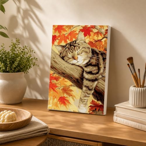 Spandrel Framed Paint by Numbers Cat Kit for Adult, Autumn Adult Paint by Number Kits on Canvas, DIY Acrylic Oil Easy Halloween Painting by Numbers Fall for Home Wall Decor, 8x12in