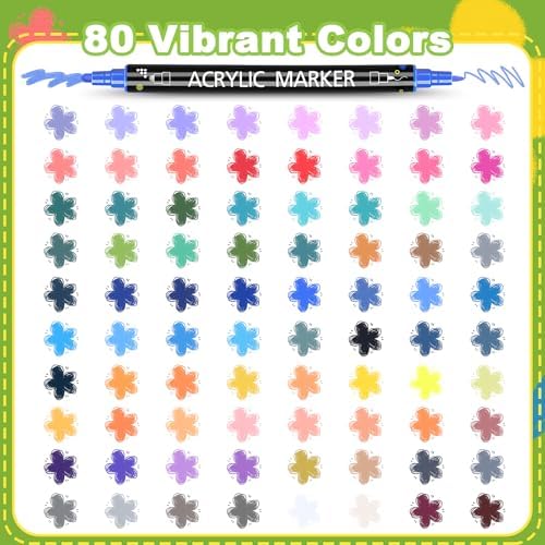 80 Colors Dual Tip Acrylic Paint Markers, Fine Tip and Dot Tip Paint Pens for Rock Painting, Acrylic Paint Markers for Wood, Glass, Ceramic, Fabric, Metal, Plastic, Paper, Canvas, DIY Art Supplies