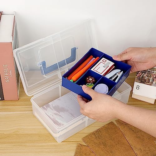 JUXYES Plastic Carry Storage Box with Removable Dividers, Clear Art Craft Supply Storage Bin Sewing Box with Handle Lid, 2 Layers Stationery Storage Case for School/Office Supplies (Pack of 2)