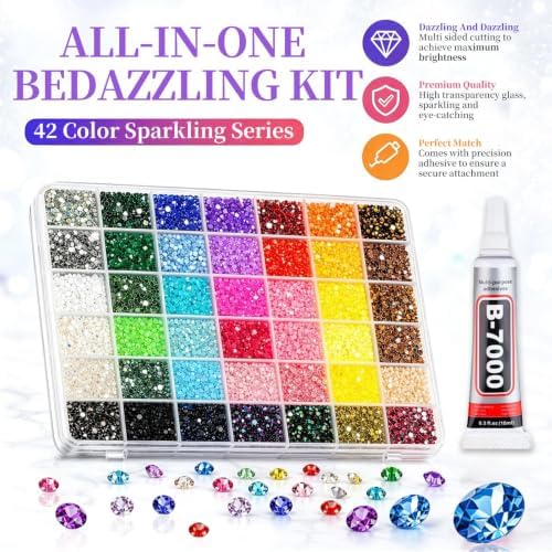 Bedazzling Kit 42000Pcs 42 Colors Resin Jelly Rhinestones 3mm Flatback Gems Bedazzler Kit with B7000 Jewelry Glue and Tools for Diamond Art Crafts Nail Art Supplies