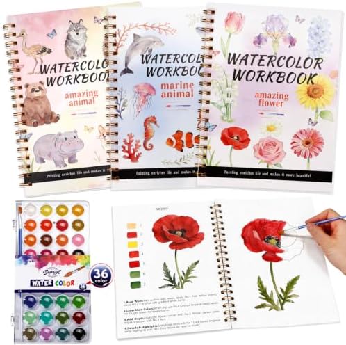 Landhoow 3 Pcs Watercolor Workbooks for Beginner with 36color Paint Brush