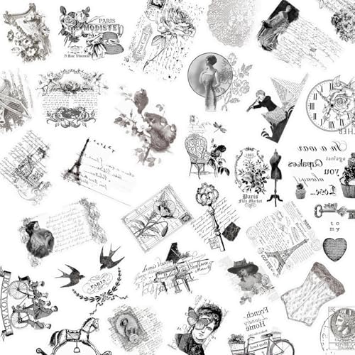 50PCS Vintage French Aesthetic Scrapbook Stickers – Clear Retro Paris Floral Postage Stickers for Journals, Card Making, Planners Diary Decoration