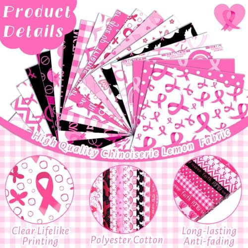 HunnmingRe 20 Pcs 10''x10'' Pink Ribbons Quilting Fabric Square Breast Cancer Awareness Precuts Quilted Fabric Bundle Polka Dot Plaid Printed Sewing Material for Holiday Patchwork DIY Craft Supplies