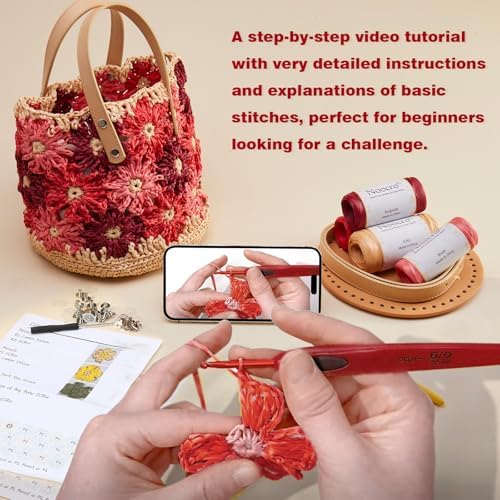 Noocro Crochet Kit for Intermediate or Advanced Level, Floral Raffia Bucket Bag, Purse, Step by Step Video Tutorial, Detailed Instruction Complete Kit Craft Supplies Holiday Gift (Rosy Bloom)