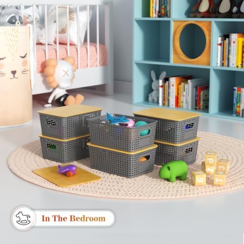 Ohmlove 6 Pack Plastic Storage Baskets with Bamboo Lids for Organization