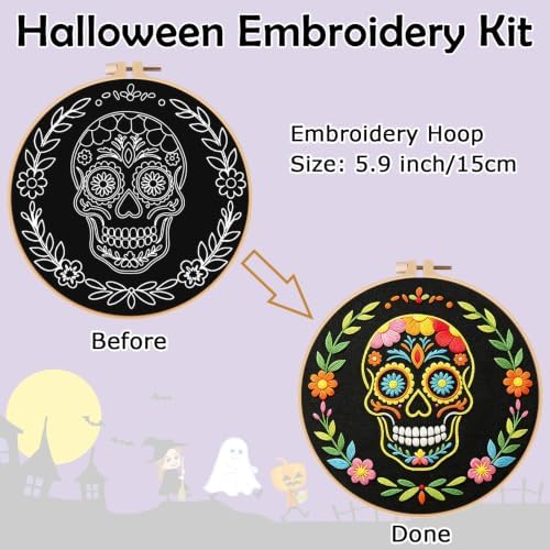 Nuberlic Sugar Skull Embroidery Kit for Beginners Adults Stamped Needlework