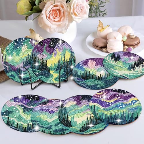 8 Pack Diamond Art Coasters,Northern Lights Diamond Painting Coasters Kits