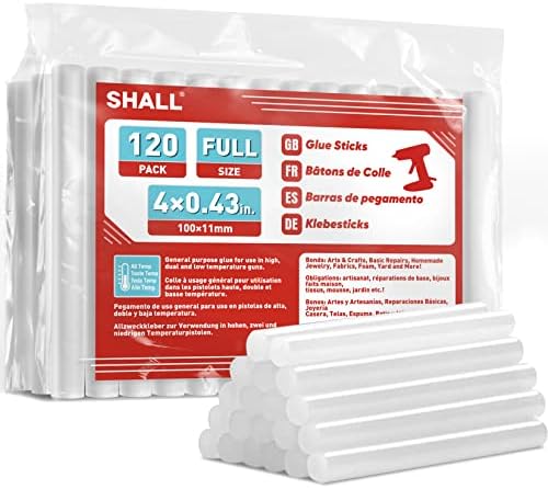 SHALL Full Size Hot Glue Sticks, 0.43” Dia x 4” Long, 120-pack Clear Hot Melt Glue Gun Sticks for All-Temp Glue Guns, Multipurpose for Kids Adults DIY Art Craft Sealing Repairing Festival Decoration