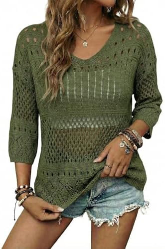 EVALESS Crochet Tops for Women Hollow Out Knit Sweaters