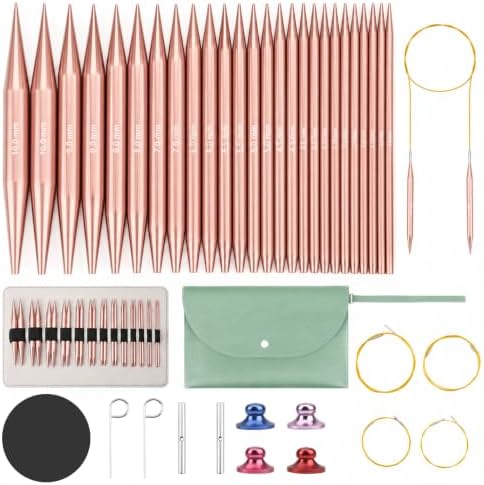 Interchangeable Circular Knitting Needles Set Premium Aluminum Knitting Kit 13 Pairs of 4 Inch with 4 Cables, Accessories and Storage Bag Rose Gold