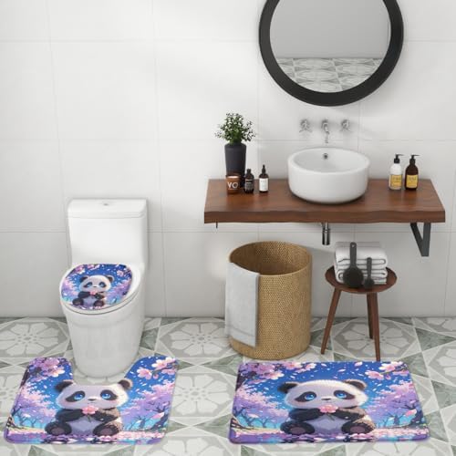 Funny Cute Baby Panda 4 Piece Shower Curtain Sets,Cartoon Anime Kawii Panda Bears Non-Slip Rugs,Toilet Lid Cover and Bath Mat,Japanese Cherry Blossoms Bathroom Decor Set