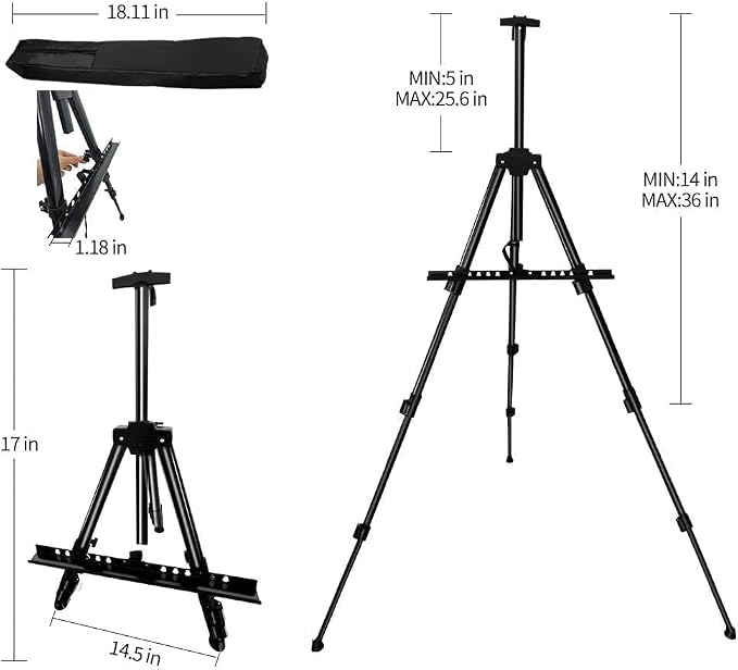 RRFTOK Art Easel Stand, 17-66 in Adjustable Metal Tripod with Bag | Dual-layer supports canvas or signs at two heights; adjusts up to 72 in with spring clip and reinforced chain for stability.