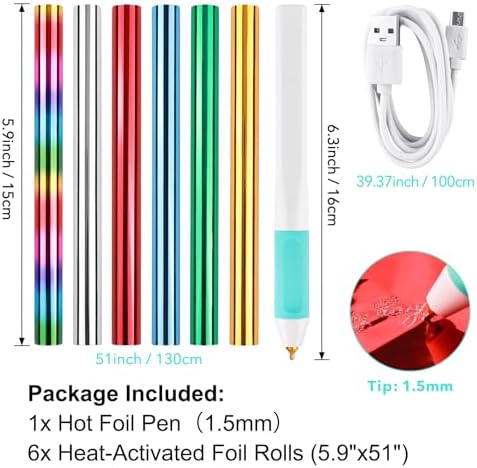 CYFUN DESIGN Hot Foil Roll & Hot Heated Foil Pens Set, Foil Quill Tool Freestyle Starter Kit, Includes 1 USB Heat Foil Pen and 6 PCS 5.9inch x 4.26feet Foil Rolls for Card Making Craft Stamping