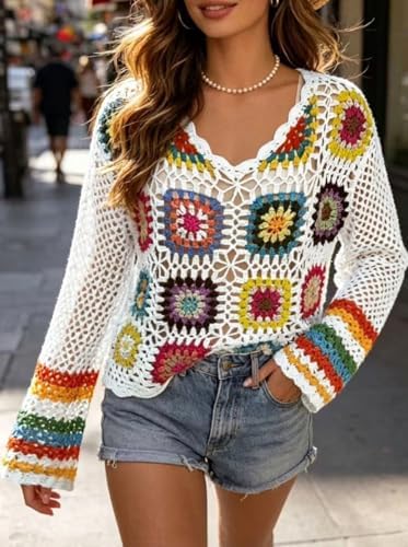 Kinghua Crochet Tops for Women Spring Summer Boho Floral Shirts Coverups