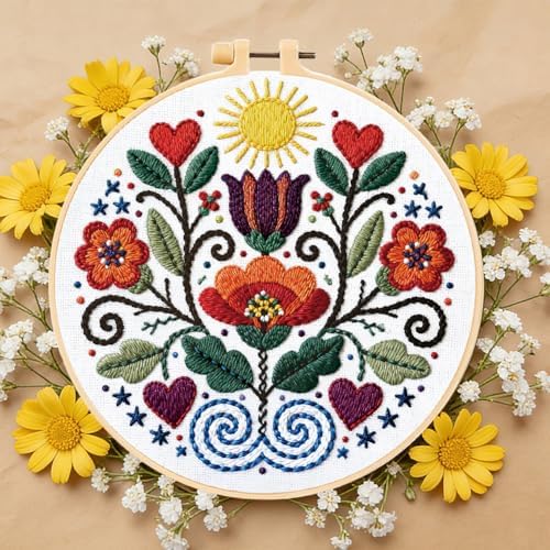 FREEBLOSS 4 Pack Embroidery Kit for Beginners Folk Art Stamped Embroidery Starter Kit with Instruction Cross Stitch Needlepoint Kits for Crafts Adults with 2 Hoops 20cm/7.9inch