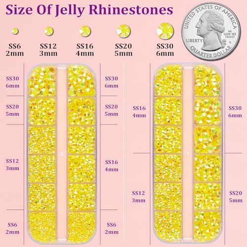 Resin Jelly Rhinestones for Crafting with B7000 Jewelry Glue, 2 Boxes Lemon Yellow AB Flatback Crystals with 3Pcs 10ml Glue, Bedazzling Non Hotfix Gems for DIY Tumblers Clothing Shoes Manicure