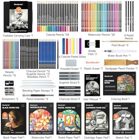 Shuttle Art 124 PCS Drawing Kit, Professional Drawing Supplies with Sketch, Charcoal, Colored, Graphite, Pastel Pencils & Sticks, Complete Drawing Tools and Paper Pads in Zipper Case for Artists&Kids