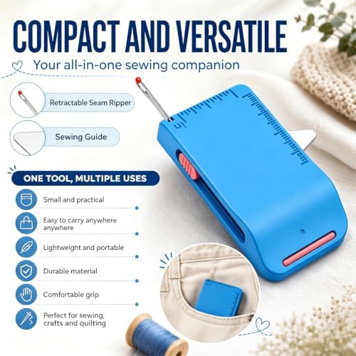 2PCS Magnetic Sewing Machine Seam Guide Tool – 4-in-1 Edge Guide with Built-in Seam Ripper & Ruler Scale for Cuffs, Plackets, Topstitching, ABS Sewing Accessory for Beginners (Blue+Pink)