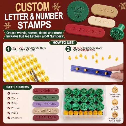 30 Pcs Christmas Pattern Clay Modeling Stamp Set with 72-Character Letter Stamps and Storage Box, Christmas Pattern Stamps for Polymer/Ceramic Clay, Pottery Craft, Cookie and Jewelry Making