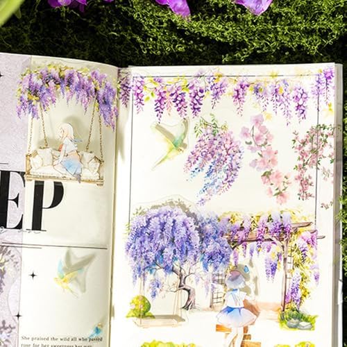 1Roll Spring Floral Washi Tape Vine Glitter Stickers for Scrapbooking, Transparent PET Washi Tapes for Journaling Junk Journal Supplies Flower Scrapbook Tape Decorative Stickers Scrap Booking Supples